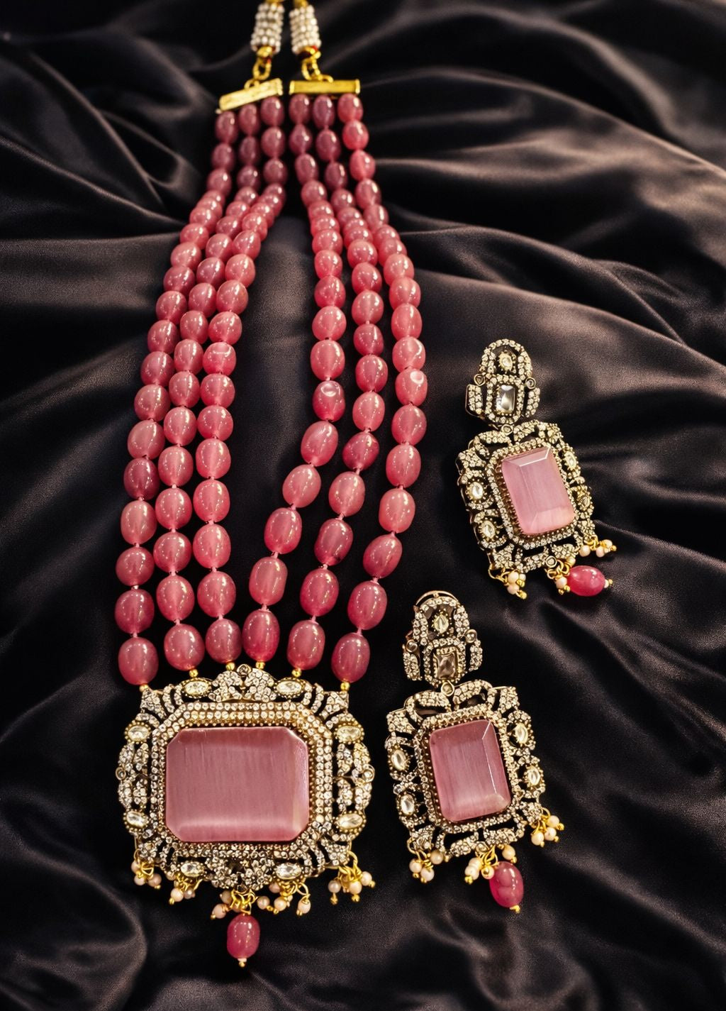 Rose Pink Gemstone and Moissanite Necklace Set