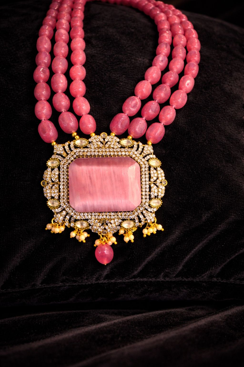 Rose Pink Gemstone and Moissanite Necklace Set