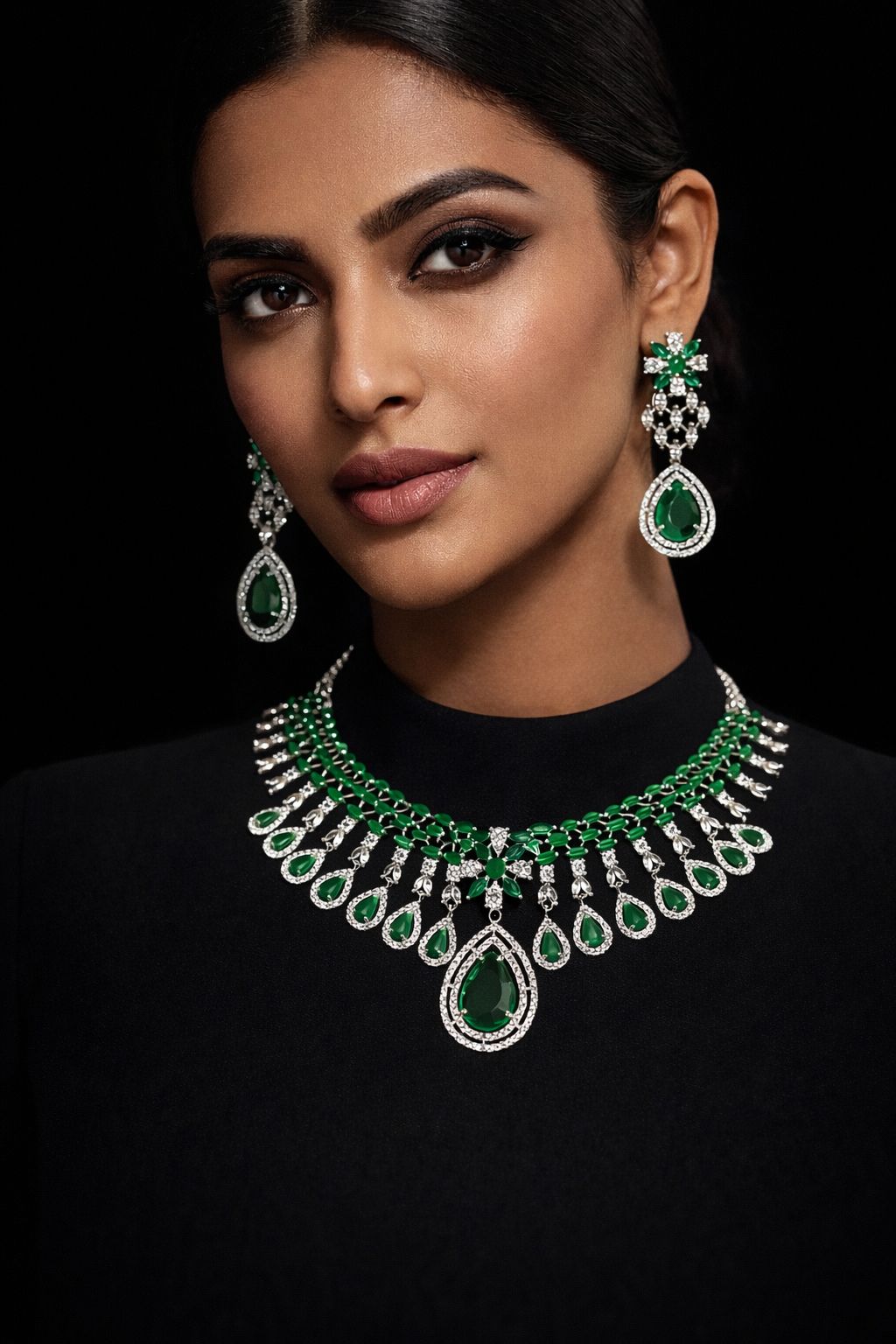 Geevani Emerald Cascade Empress Necklace Set