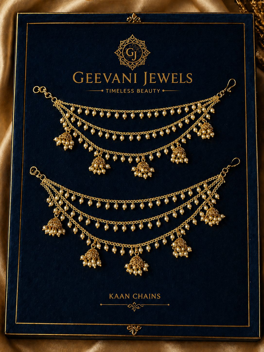 3 Layered White Pearls With Gold Jhumkis Kaanchain