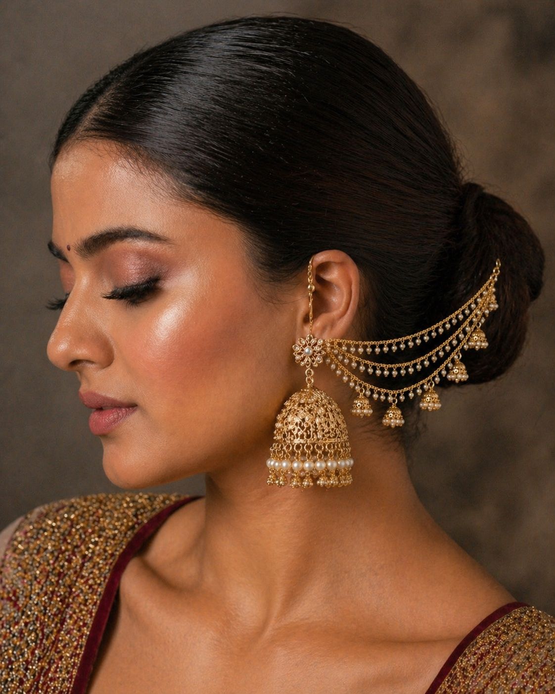 3 Layered White Pearls With Gold Jhumkis Kaanchain