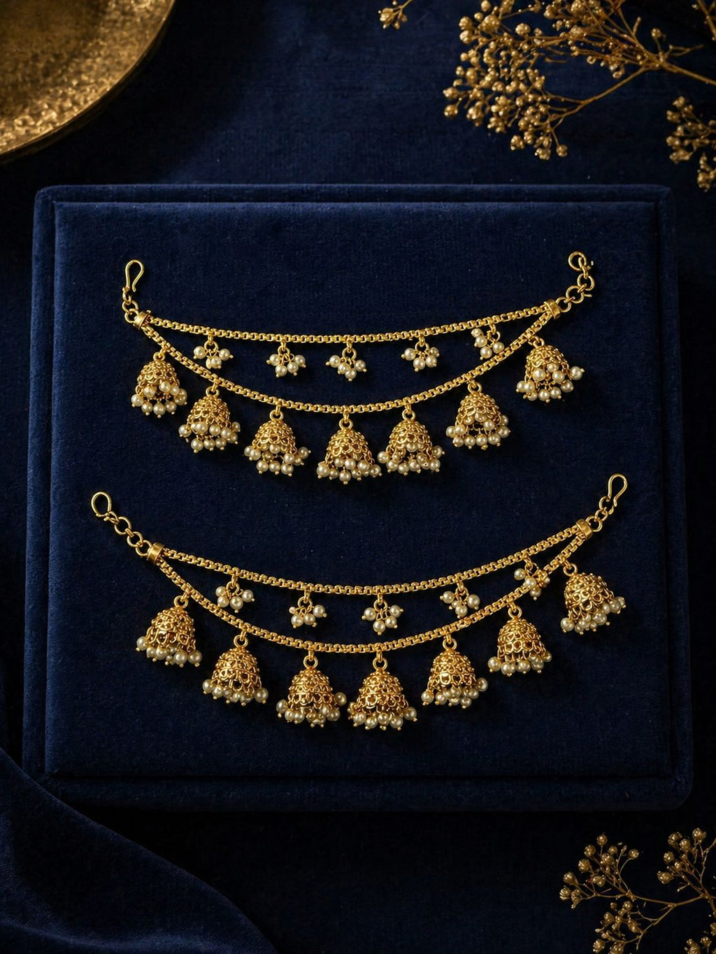 2 Layered White Pearls With Gold Jhumkis Kaanchain