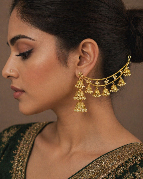 2 Layered White Pearls With Gold Jhumkis Kaanchain