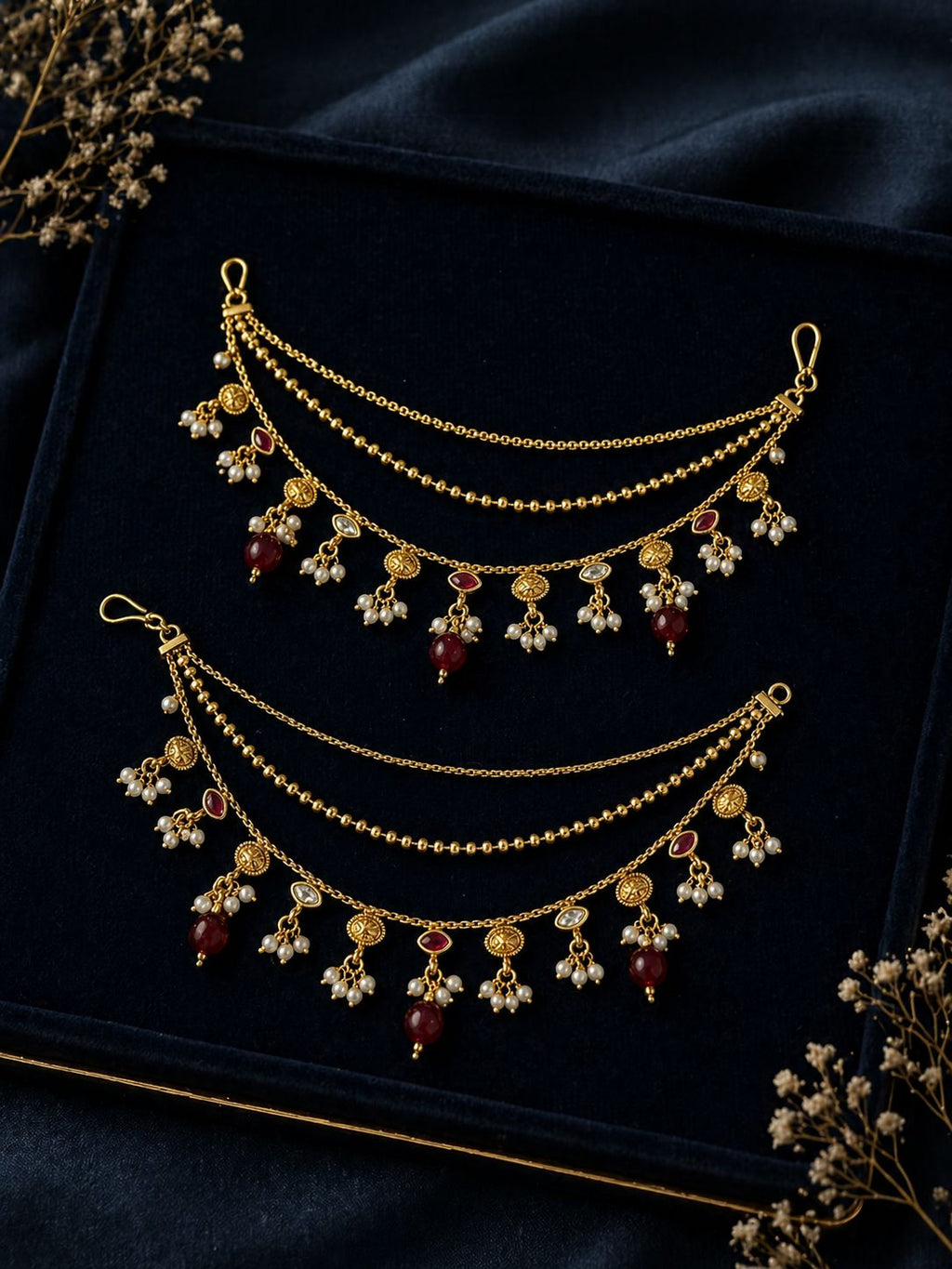3 Layered Gold Beads With Pearl And Ruby Drops Kaanchain