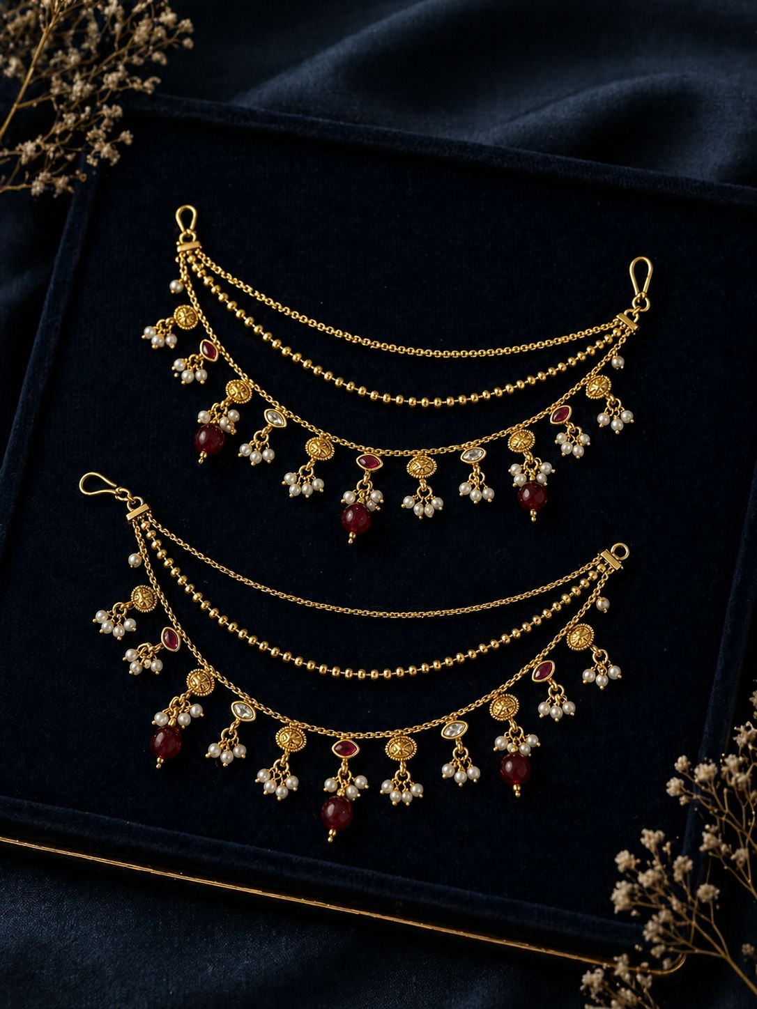 3 Layered Gold Beads With Pearl And Ruby Drops Kaanchain