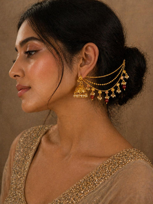 3 Layered Gold Beads With Pearl And Ruby Drops Kaanchain