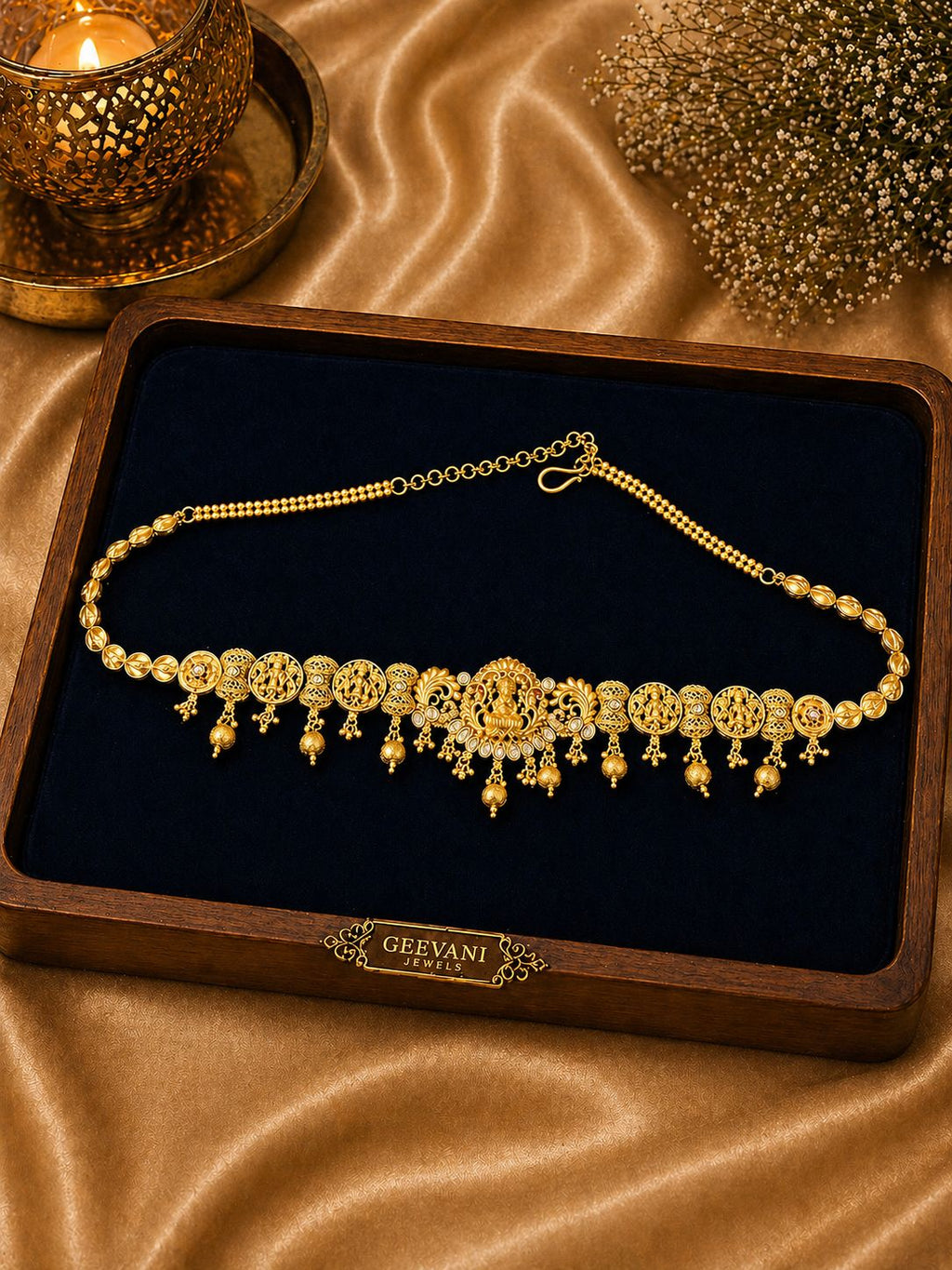 Gold Temple Kamarpatti Studded With White Gemstones