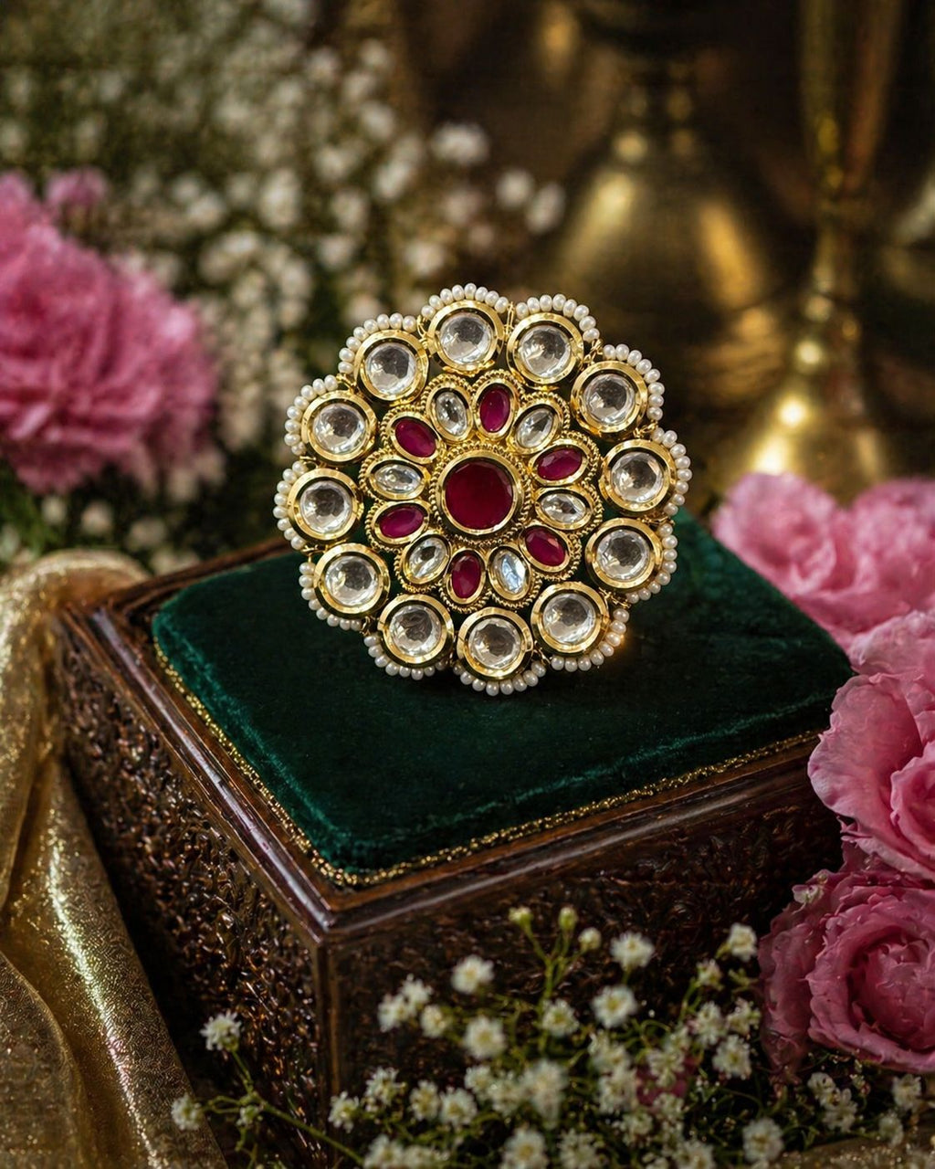 Kundan Ruby Statement Ring with Pear Detailing