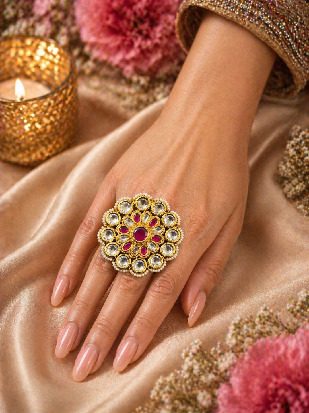 Kundan Ruby Statement Ring with Pear Detailing