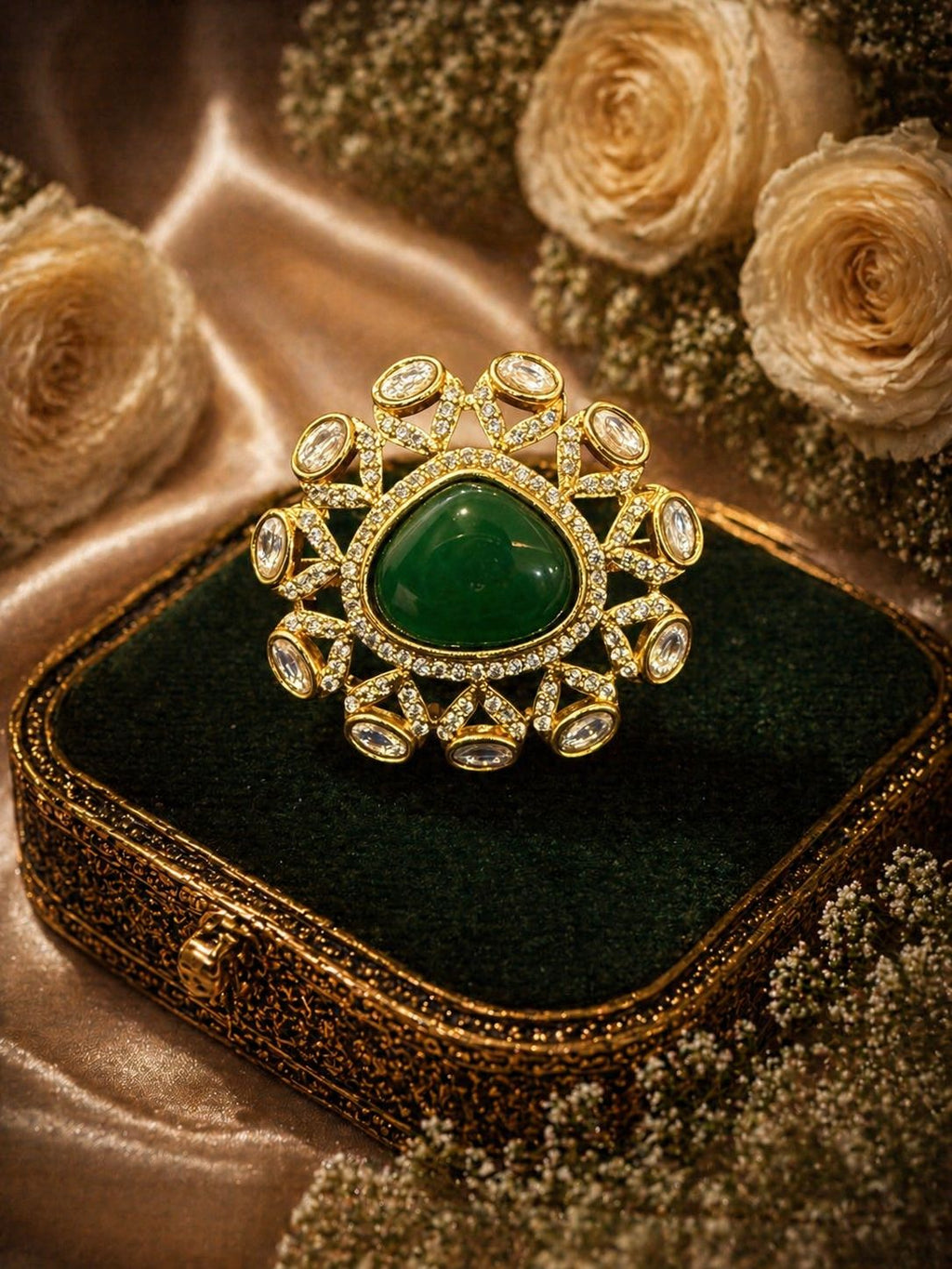 Green Stone & Moissanite Statement Ring