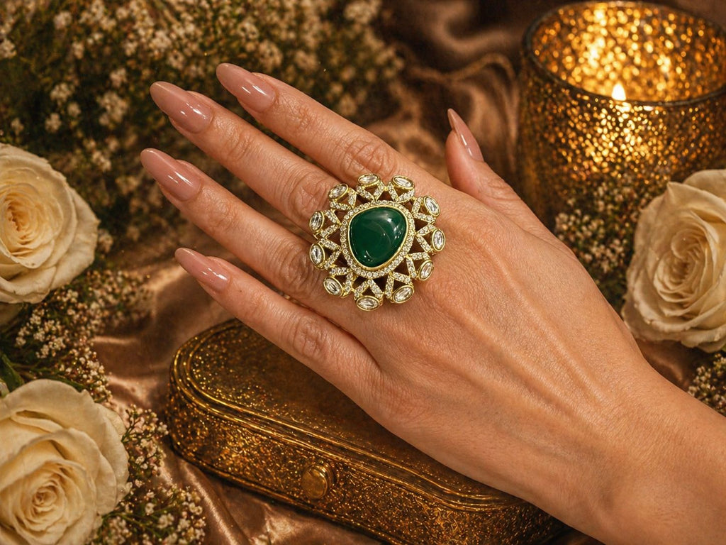 Green Stone & Moissanite Statement Ring