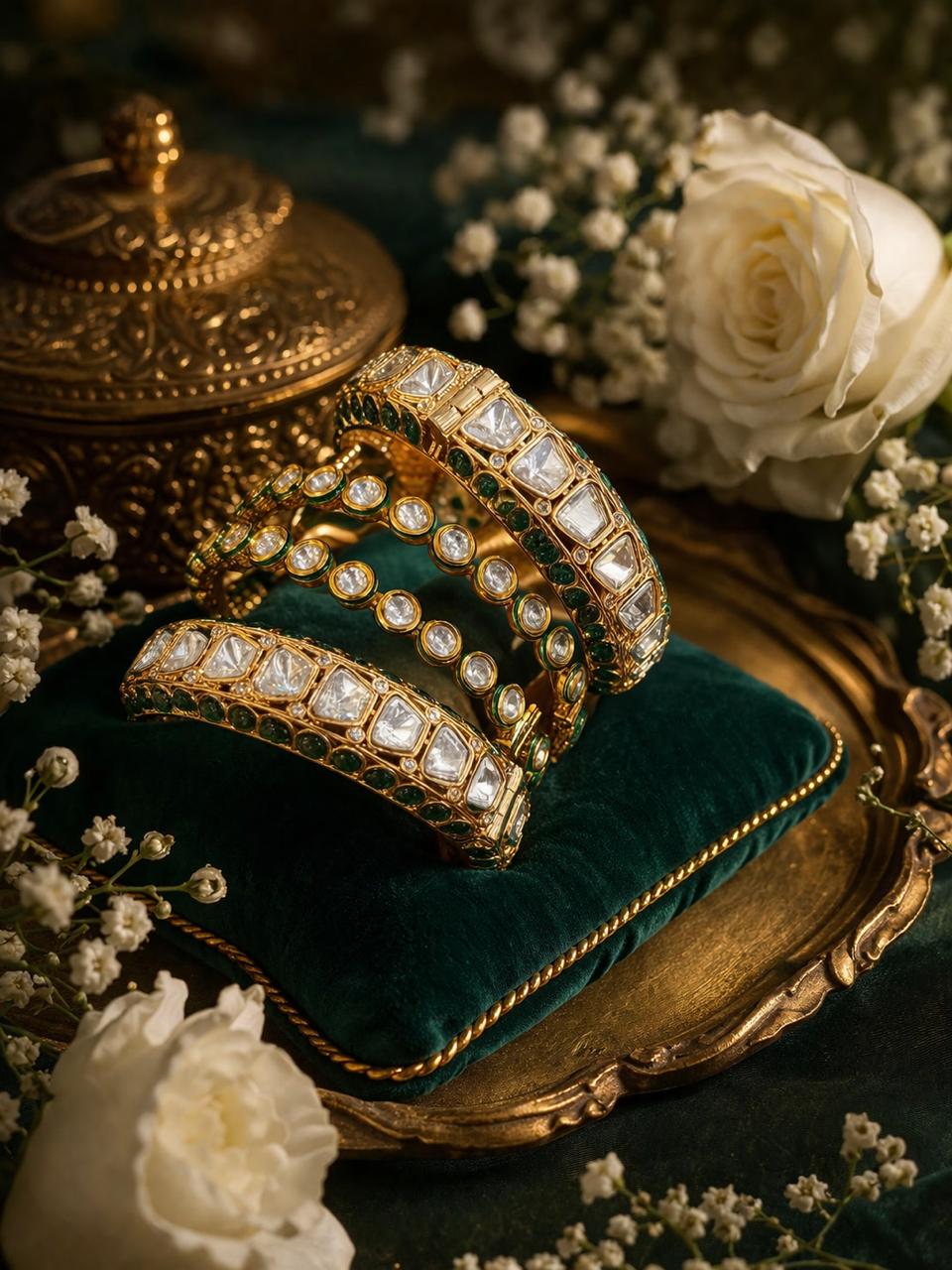 Designer Green Pure Moissanite Openable Kadas with Bangles Set