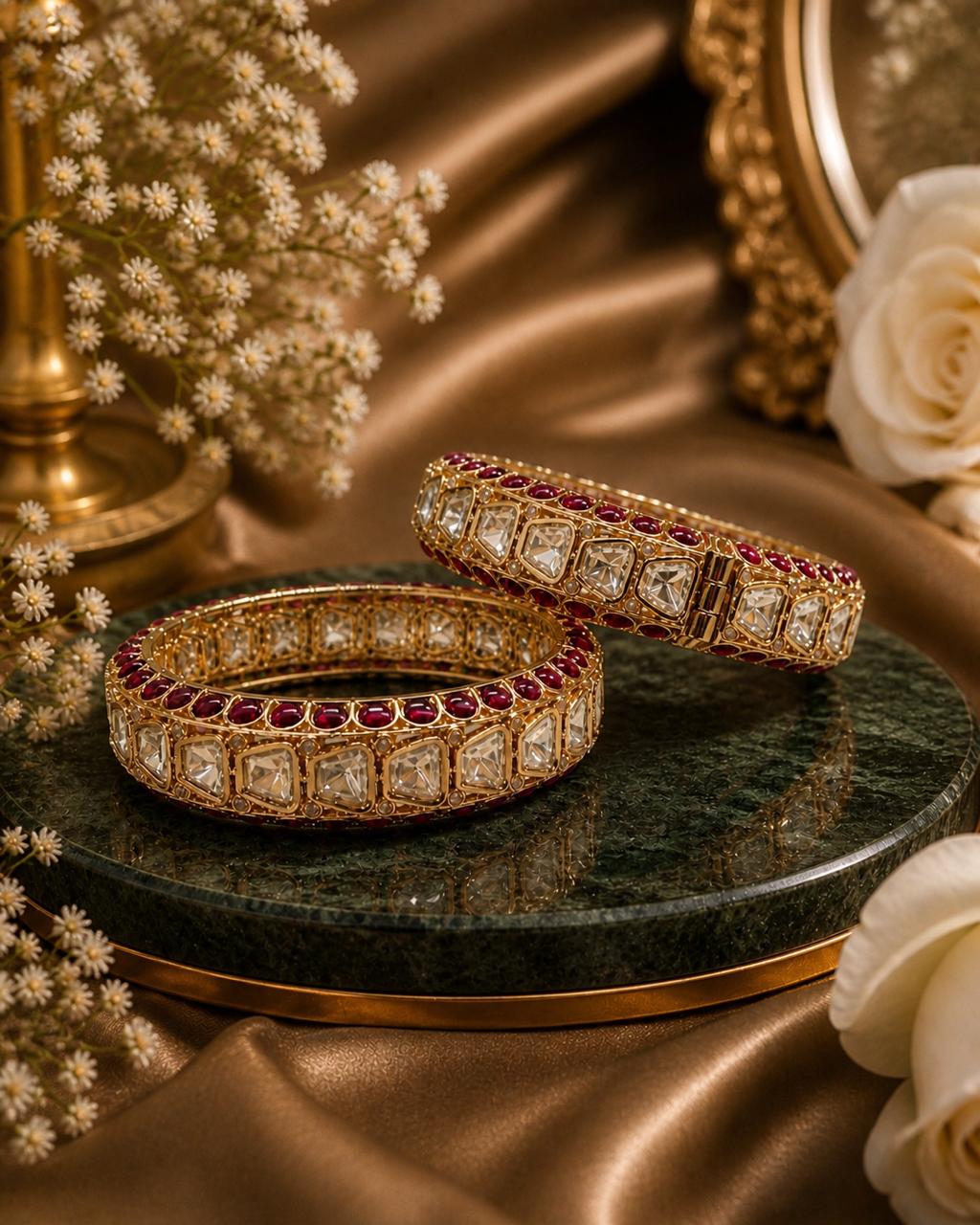 Designer Ruby Pure Moissanite Openable Kadas with Gold Finish