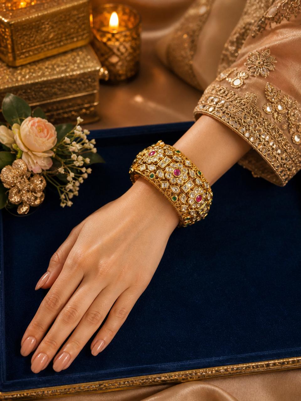 Rajwada Real Kundan Polki Statement Openable Kada