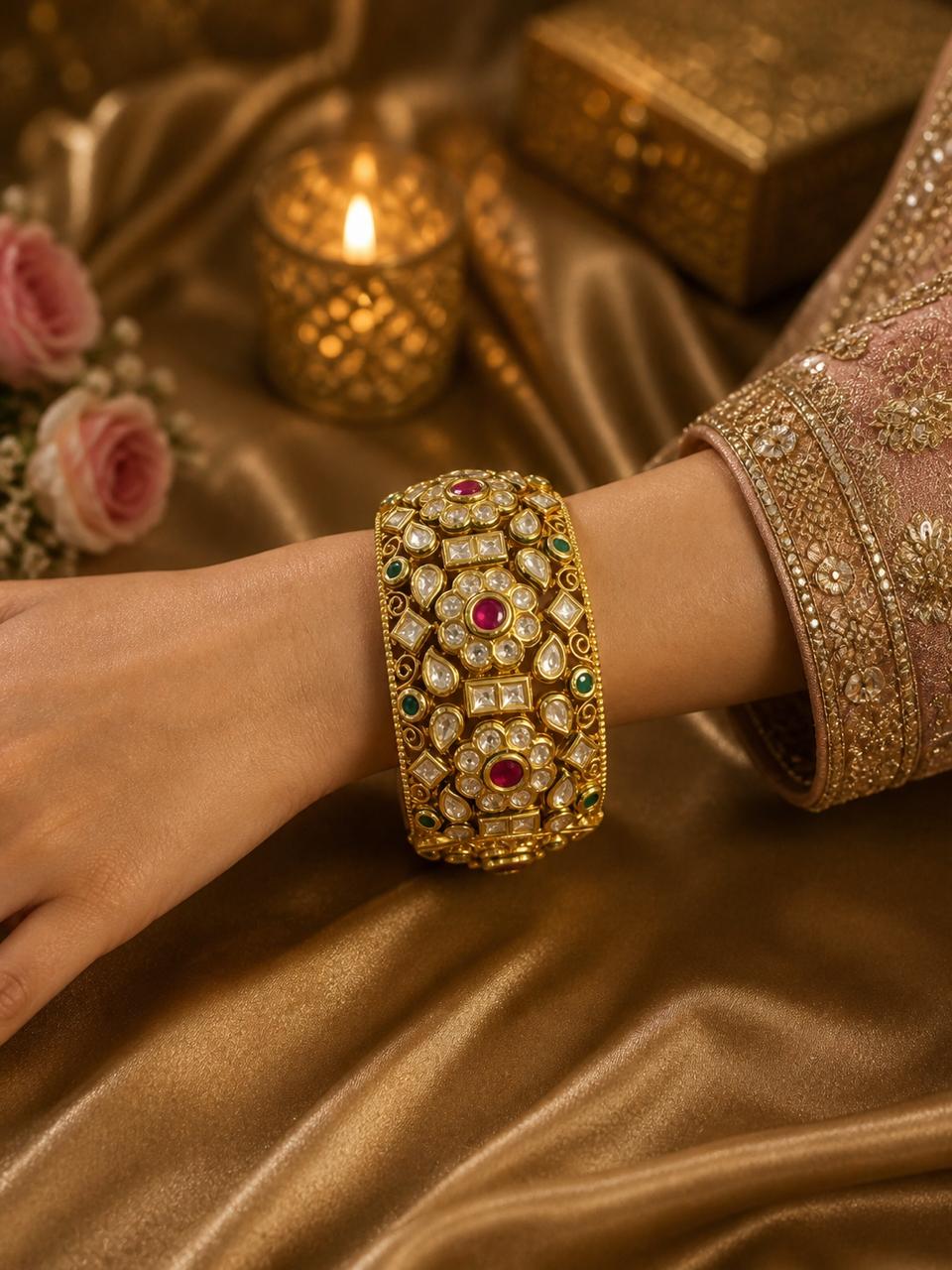 Rajwada Real Kundan Polki Statement Openable Kada