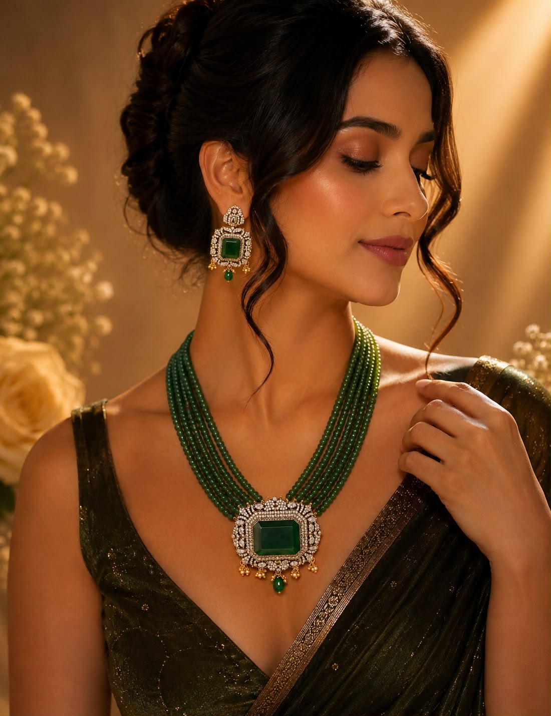 Emerald Gemstone and Moissanite Necklace Set