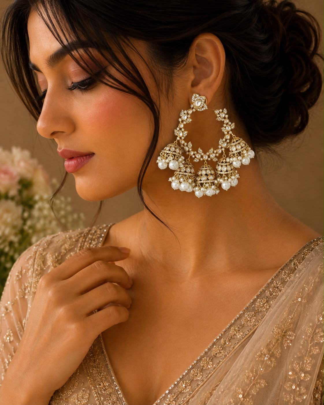 Regal Pearl Halo Chandbali Earrings