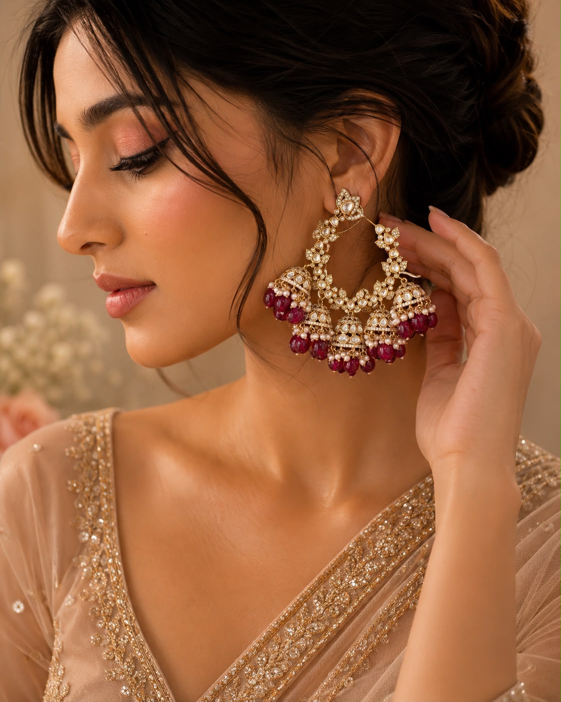 Regal Ruby Pearl Halo Chandbali Earrings