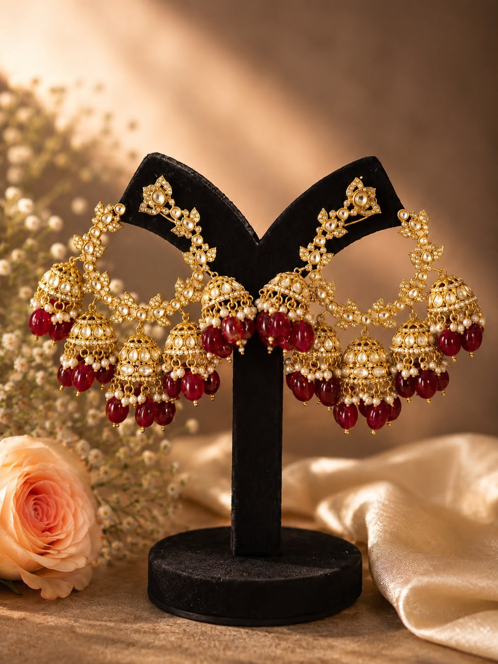 Regal Ruby Pearl Halo Chandbali Earrings