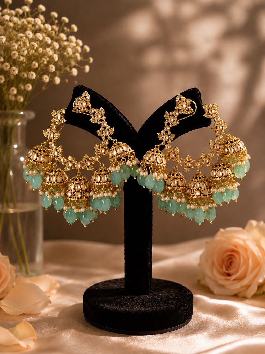 Regal Mint Pearl Halo Chandbali Earrings