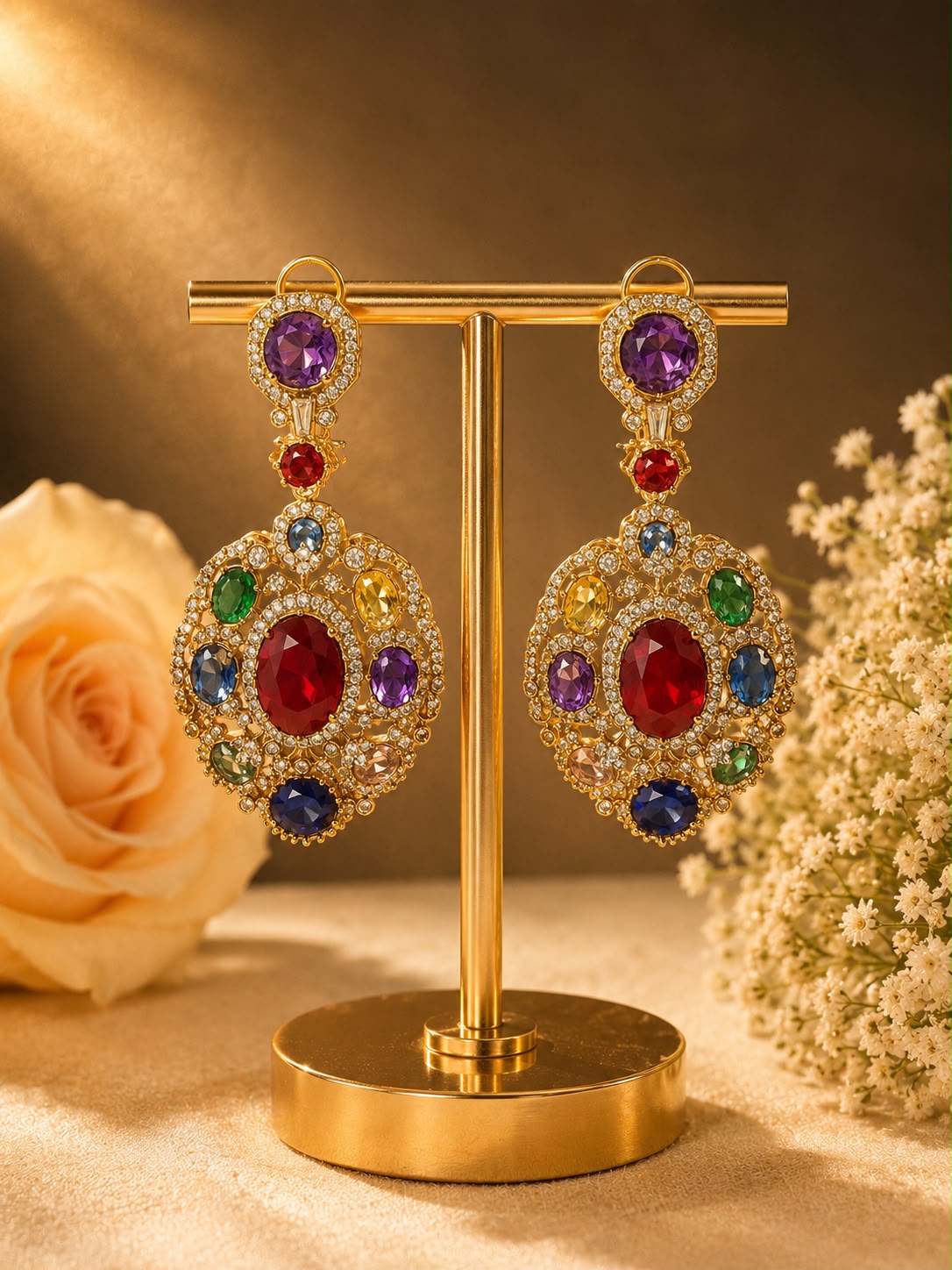 Navratna Ruby Crystal Medallion Earrings