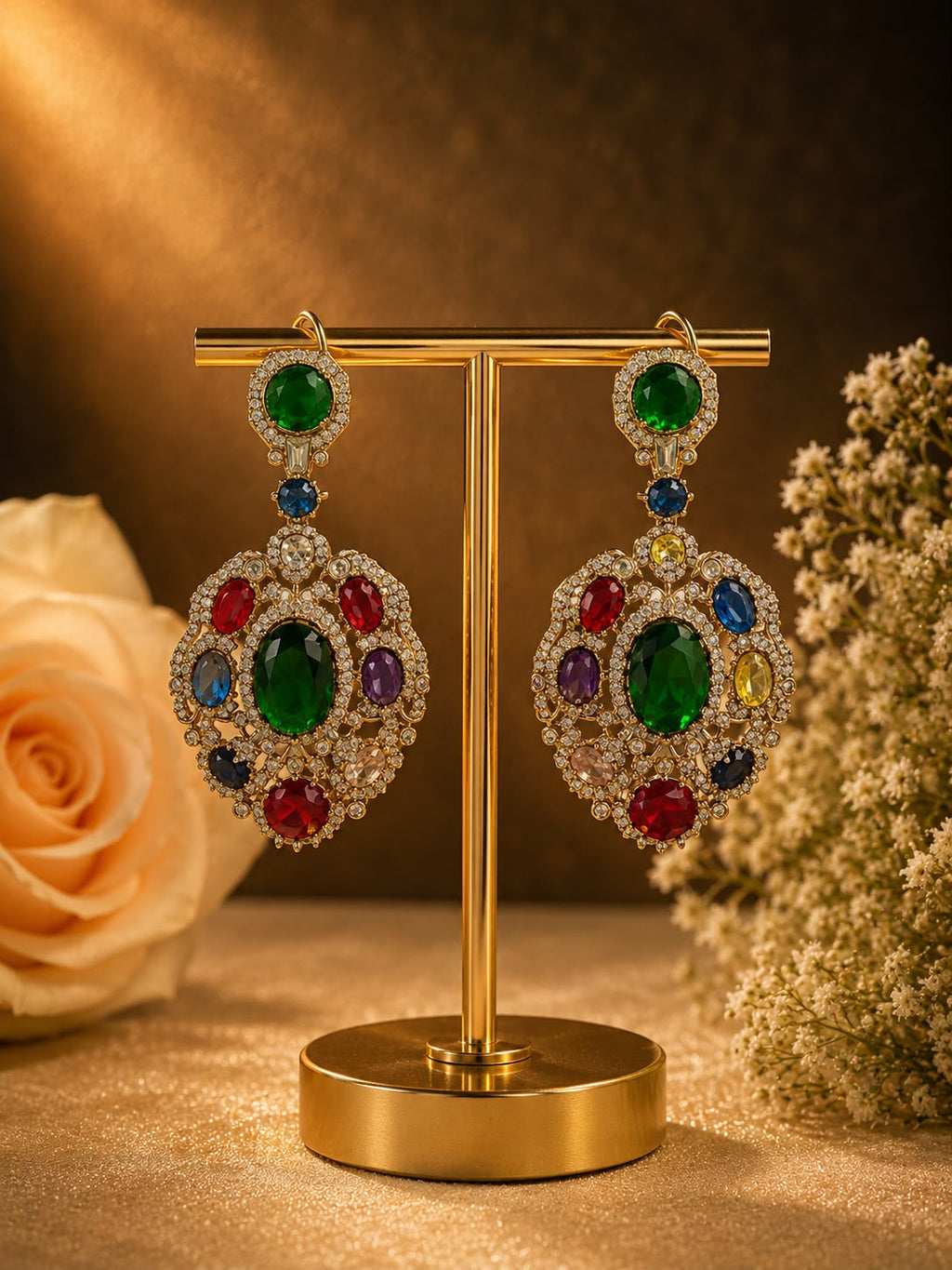 Navratna Emerald Crystal Medallion Earrings