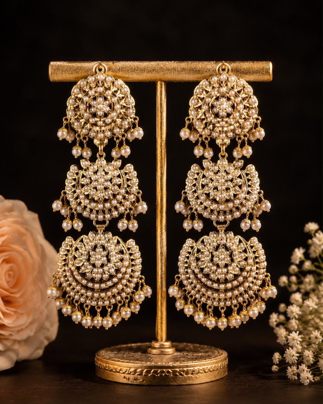 Layered Pearl Jadau Danglers with Maang Tikka