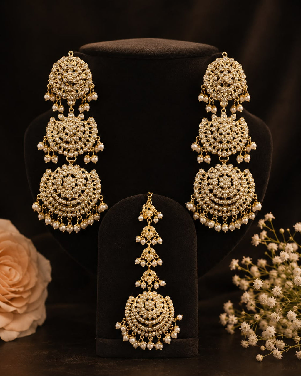 Layered Pearl Jadau Danglers with Maang Tikka
