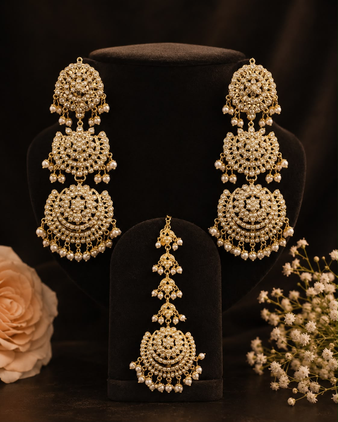 Layered Pearl Jadau Danglers with Maang Tikka