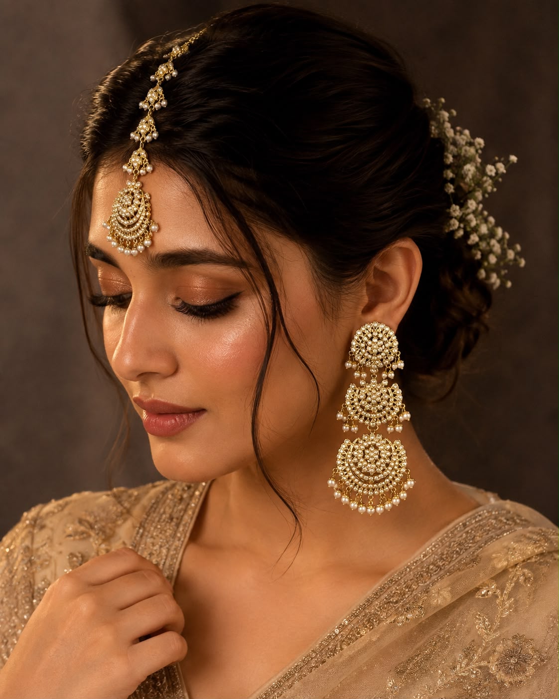 Layered Pearl Jadau Danglers with Maang Tikka