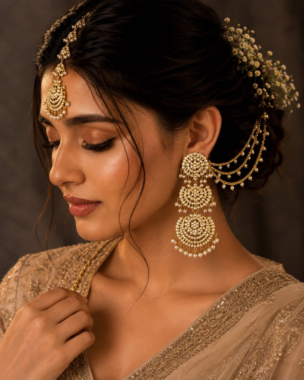 Layered Pearl Jadau Danglers with Maang Tikka