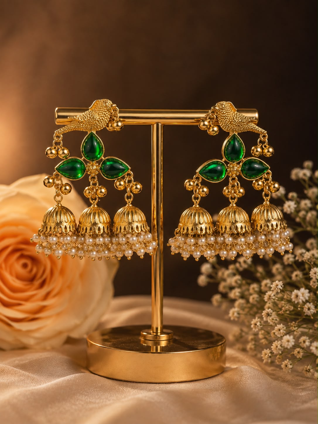 Regal Emerald Bird Jhumkas