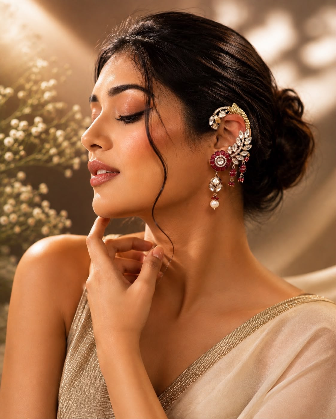 Kundan Polki Ruby Ear Cuff Earrings