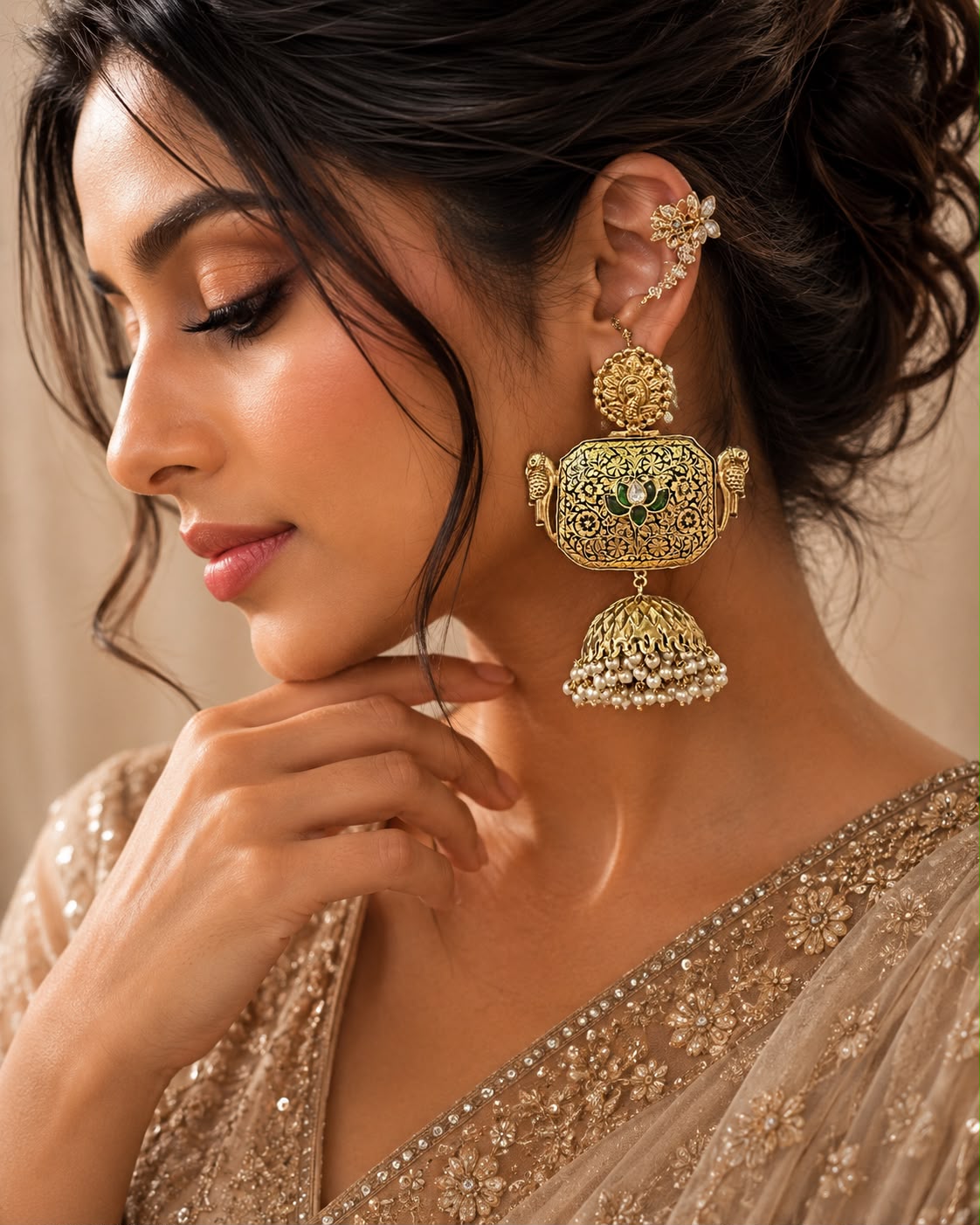 Antique Style Kundan & Pearl Jhumka Earrings