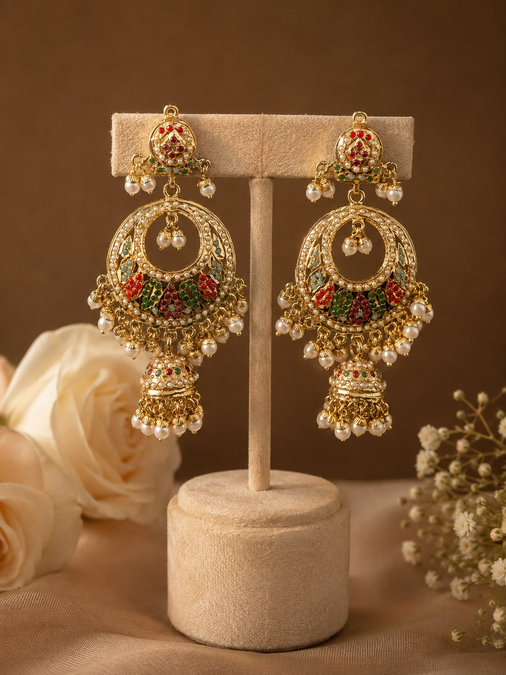 Navratan Jadau Chandbali with Pearl