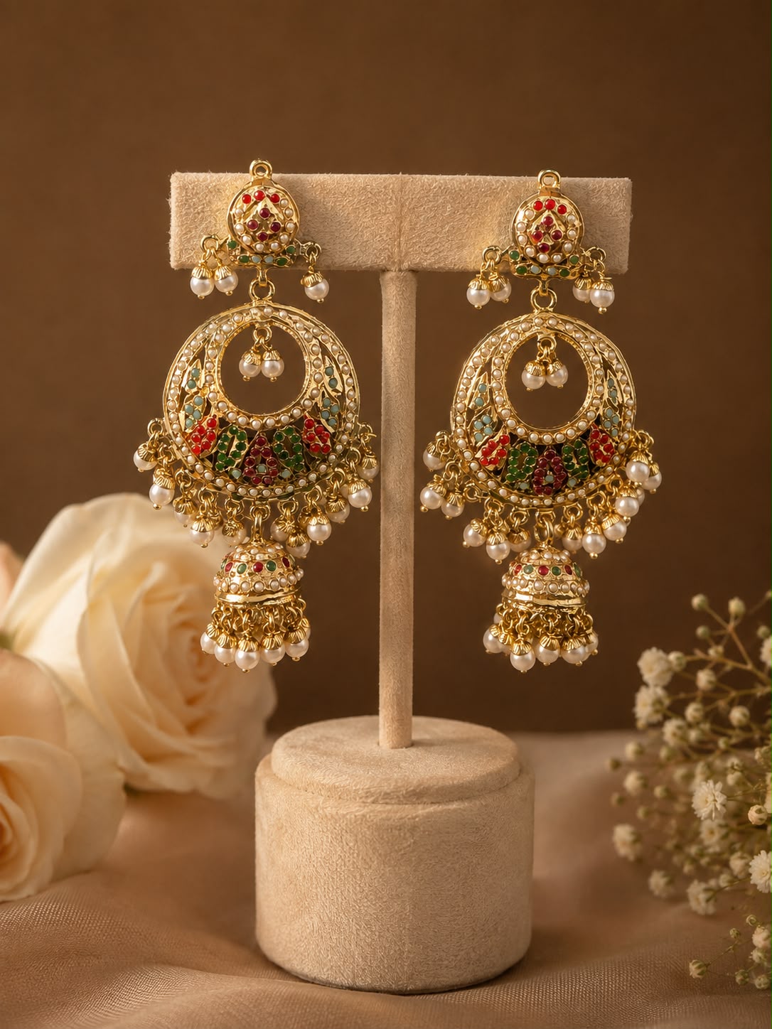 Navratan Jadau Chandbali with Pearl