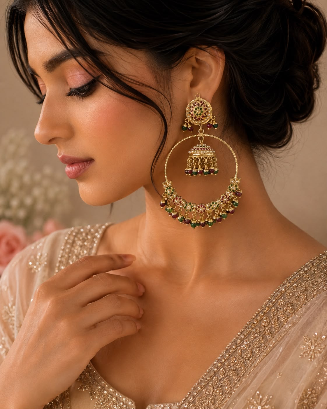 Navratan Jadau Multicolored Chandbali Earrings