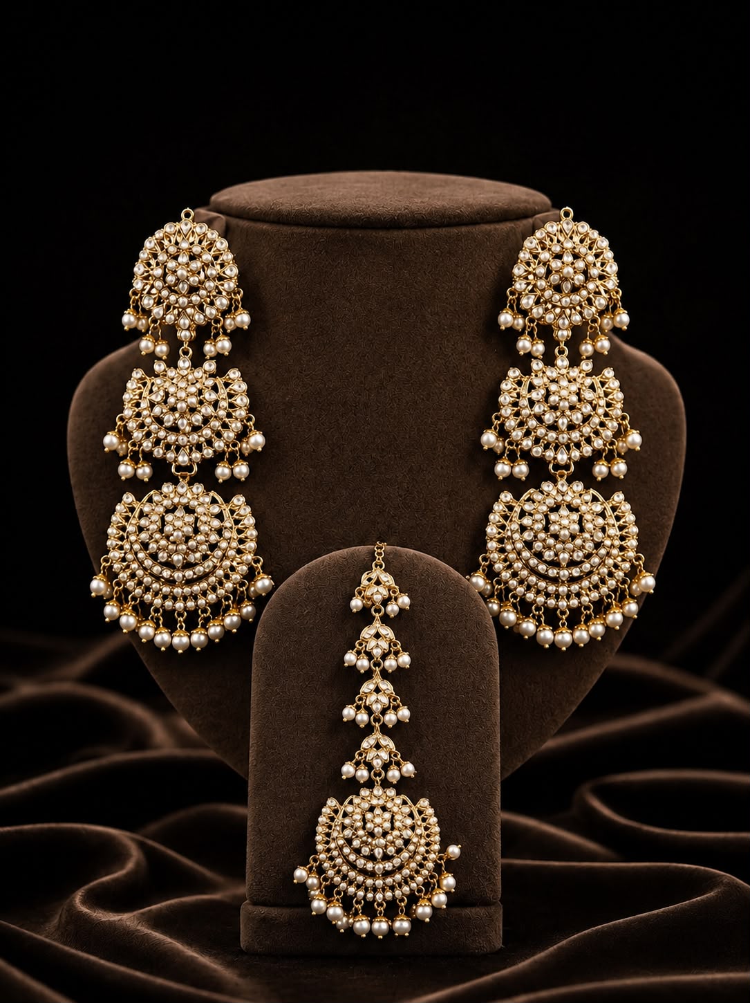 Layered Pearl Jadau Danglers with Maang Tikka
