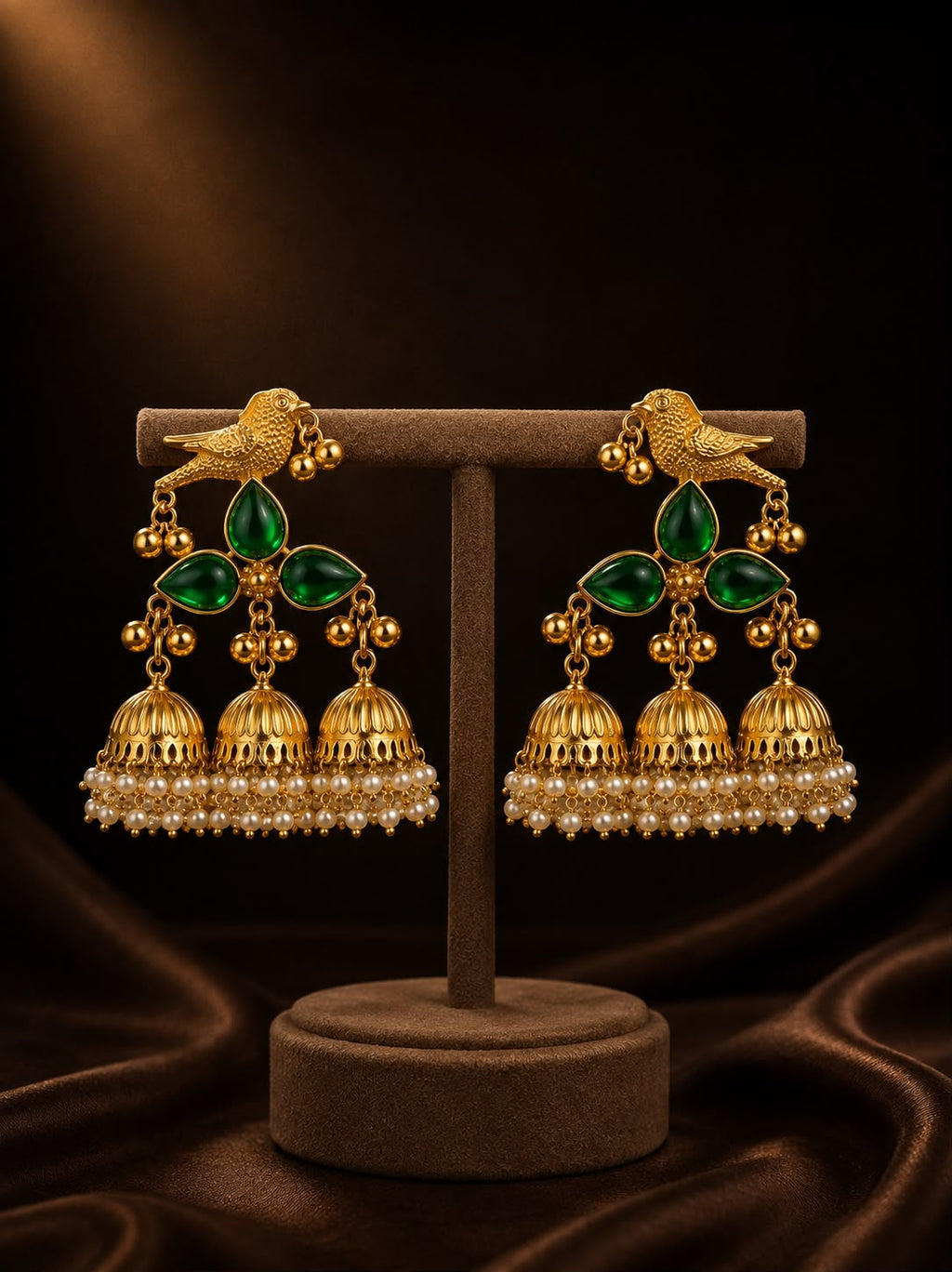 Regal Emerald Bird Jhumkas