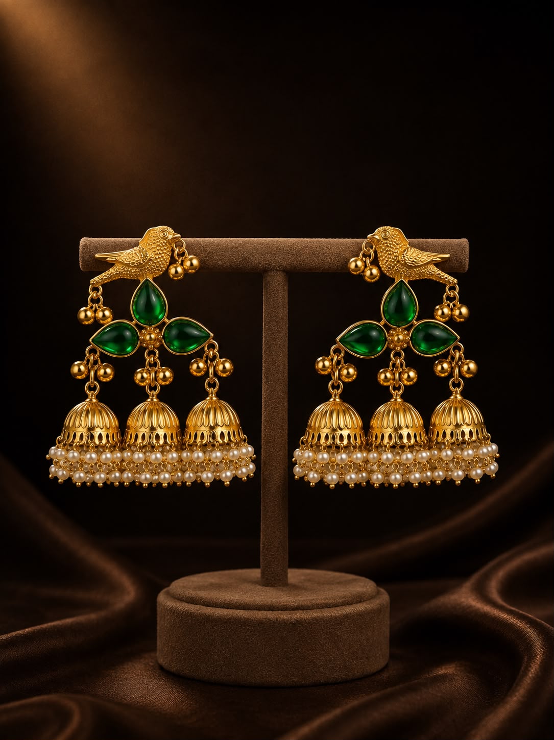 Regal Emerald Bird Jhumkas