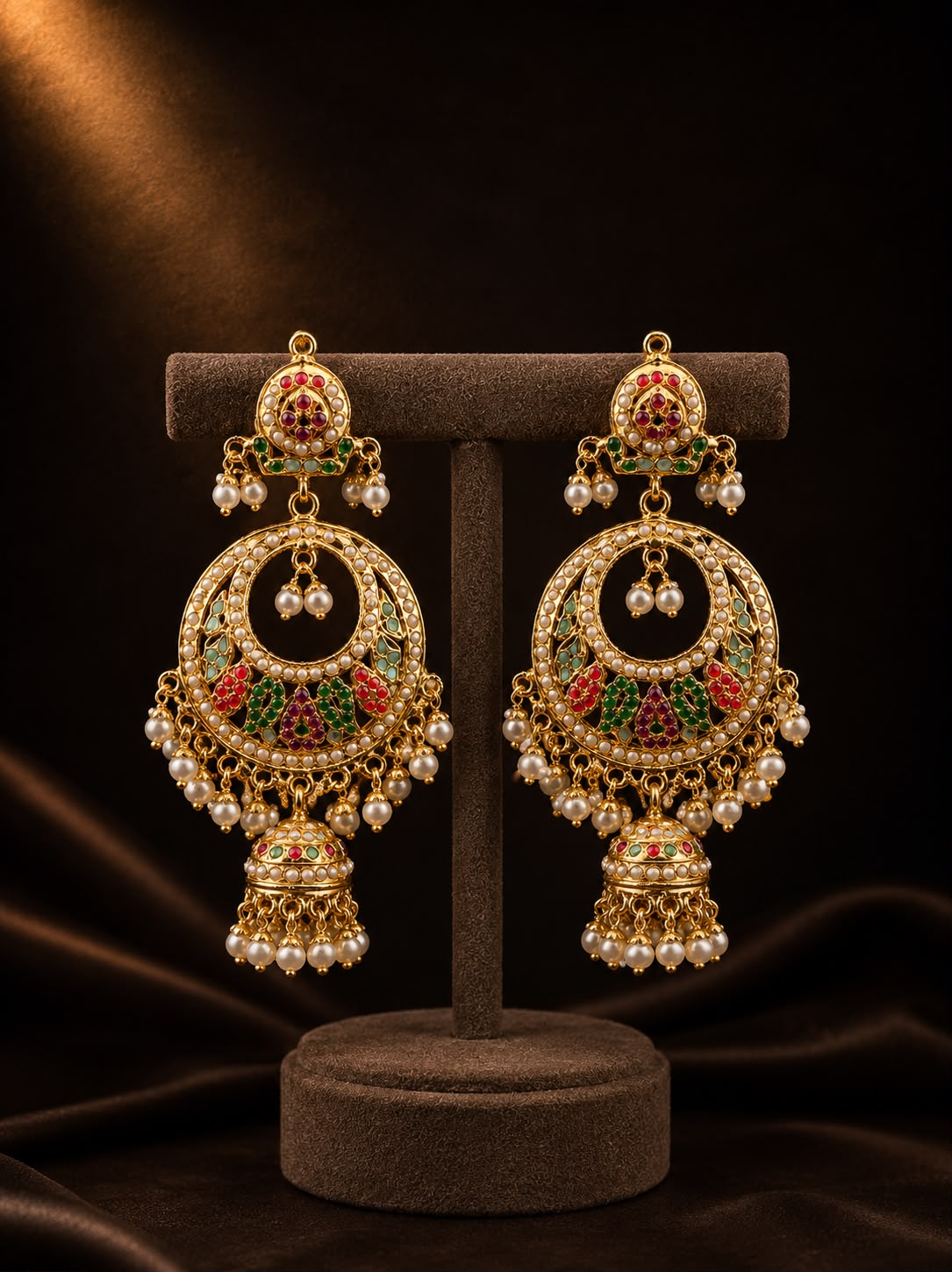 Navratan Jadau Chandbali with Pearl