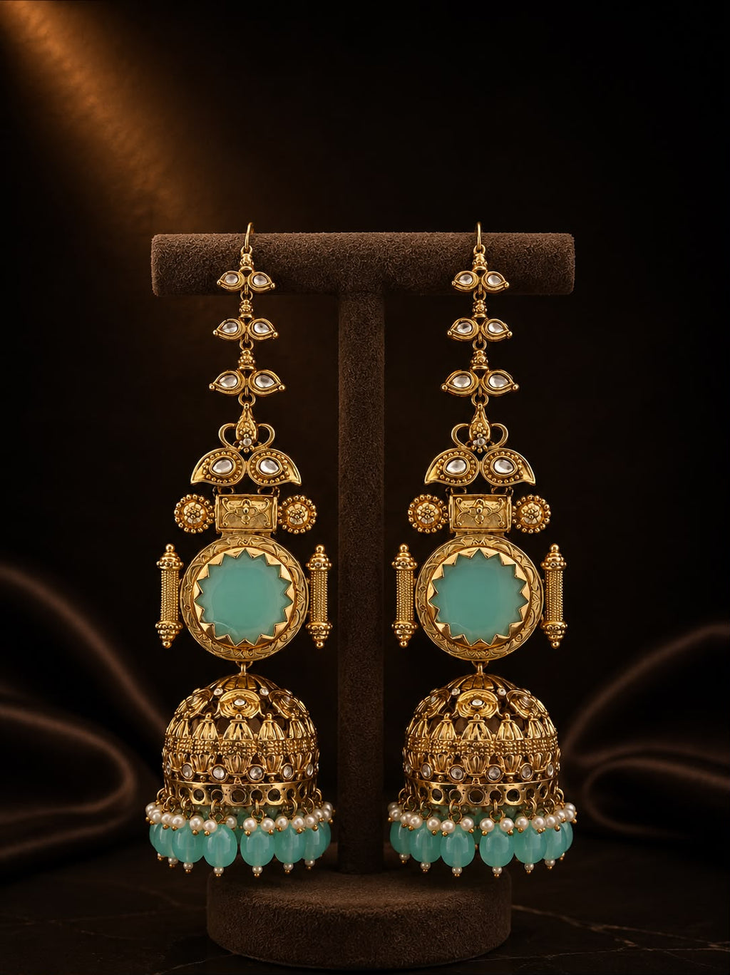 Ornate Blue Stone Jhumka Earrings