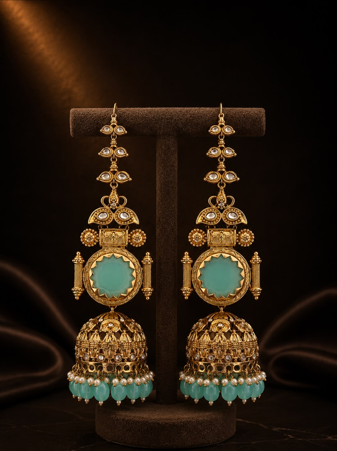 Ornate Blue Stone Jhumka Earrings
