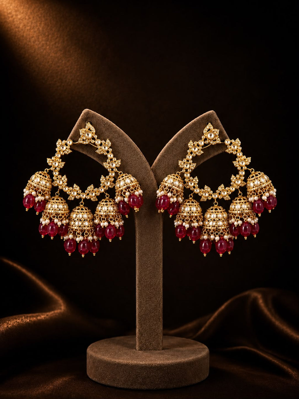 Regal Ruby Pearl Halo Chandbali Earrings