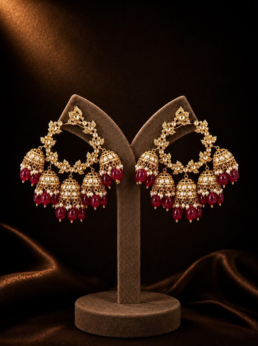Regal Ruby Pearl Halo Chandbali Earrings
