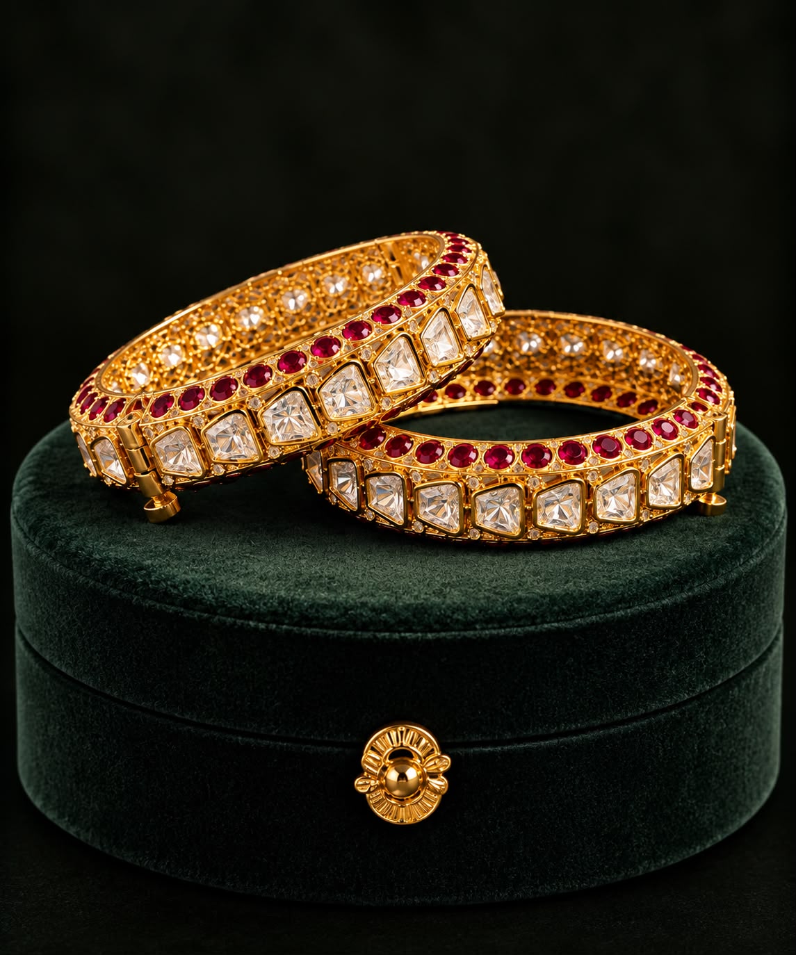 Designer Ruby Pure Moissanite Openable Kadas with Gold Finish